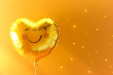 Wall Mural - yellow balloon with a smiling face on it is sitting on a yellow background. the balloon is surrounde