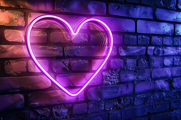 Wall Mural - neon heart is lit up on a brick wall. the heart is purple and pink, and it is glowing brightly. the 