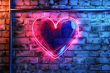 Wall Mural - neon heart is lit up on a brick wall. the heart is purple and pink, and it is glowing brightly. the 