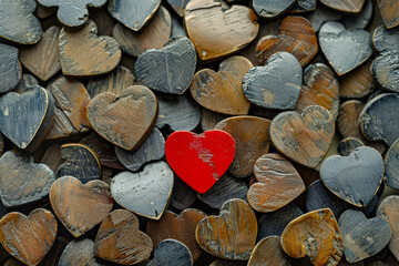 Wall Mural - pile of wooden hearts with a red heart in the middle. the red heart is surrounded by other hearts, c