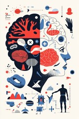 Poster - Abstract illustration of a brain with neural and technological elements