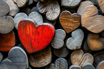 Wall Mural - pile of wooden hearts with a red heart in the middle. the red heart is surrounded by other hearts, c