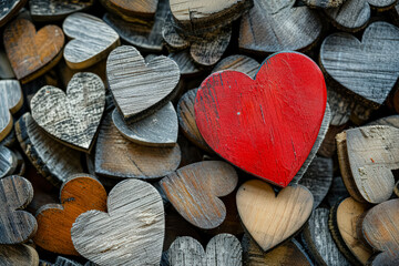 Wall Mural - pile of wooden hearts with a red heart in the middle. the red heart is surrounded by other hearts, c