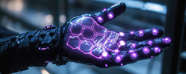 Poster - Futuristic Gloved Hand with Glowing Purple Network Display