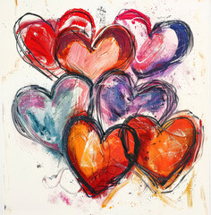 Wall Mural - painting of many hearts in various colors. the painting is full of love and happiness. the colors of