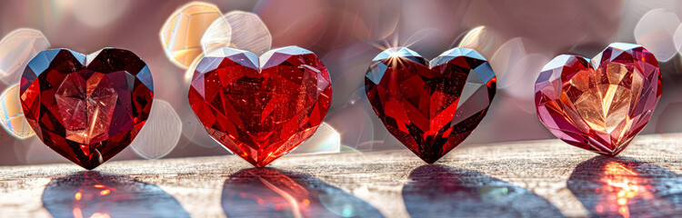 Wall Mural - four red hearts are on a table. the hearts are shiny and sparkly. the table is made of wood