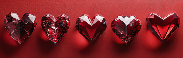 Wall Mural - row of red heart shaped gems are displayed on a red background. the gems are all different sizes and
