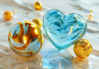 Wall Mural - blue heart is surrounded by a group of gold and blue balls. the heart is the main focus of the image