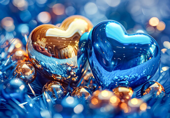 Wall Mural - blue heart is surrounded by a group of gold and blue balls. the heart is the main focus of the image