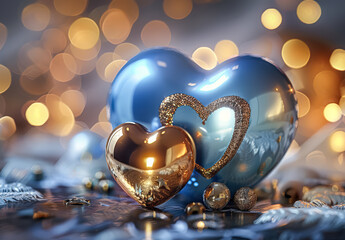 Wall Mural - blue heart is surrounded by a group of gold and blue balls. the heart is the main focus of the image