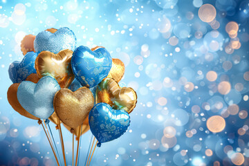 Wall Mural - bunch of balloons with gold hearts on them are floating in the air. the balloons are surrounded by a