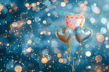 Wall Mural - bunch of balloons with gold hearts on them are floating in the air. the balloons are surrounded by a