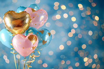 Wall Mural - bunch of balloons with hearts on them are floating in the air. the balloons are of different colors 