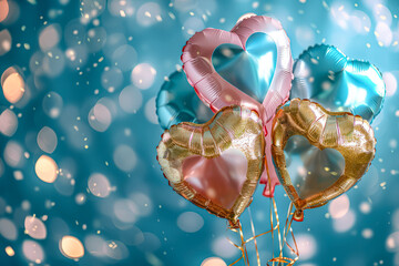 Wall Mural - bunch of balloons with hearts on them are floating in the air. the balloons are of different colors 