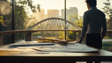 Leinwandbilder - Civil engineer examines detailed model of modern bridge design during sunset in urban office setting. Generative AI