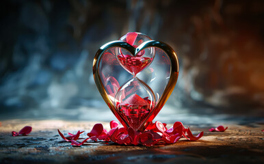 Wall Mural - heart shaped glass container with two clocks inside. the container is placed on a wooden surface, va