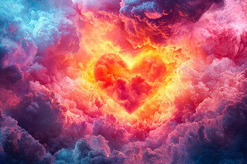 Wall Mural - heart is drawn in the clouds, surrounded by a colorful sky. the heart is red and orange, and it is g