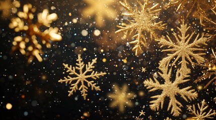 Poster - A mesmerizing display of shimmering golden snowflakes falling gracefully against a dark background.