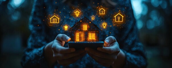 Poster - Business professional using a smartphone with smart home technology illustrations