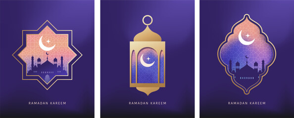 Wall Mural - Ramadan Kareem window and lantern backgrounds. Modern Islamic greeting card template and wallpaper design. Poster and media banner vector illustration