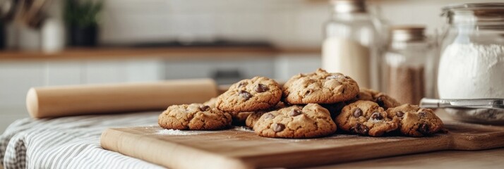 Aufkleber - Freshly baked cookies placed on a wooden board with space for additional text in a cozy kitchen setting. Generative AI
