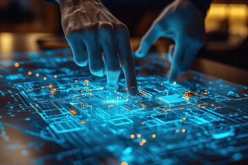 Poster - Hands Interacting with Futuristic Digital Interface Featuring Orange and Blue Holograms
