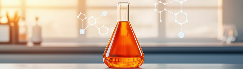 Poster - close up of futuristic glass flask filled with orange liquid, showcasing chemical structures backgro