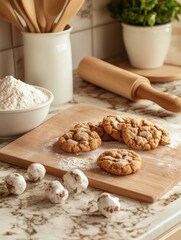 Aufkleber - Freshly baked cookies cooling on a wooden board in a cozy kitchen with flour and baking tools nearby. Generative AI