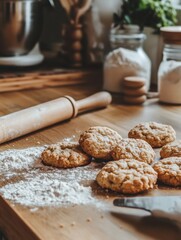Aufkleber - Freshly baked cookies cooling on a kitchen countertop with baking tools and ingredients nearby. Generative AI