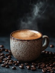 Poster - Steaming coffee cup sits among scattered coffee beans with soft smoke rising in a cozy setting. Generative AI