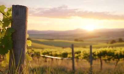 Wall Mural - Serene vineyard landscape at sunset with lush greenery and hills.