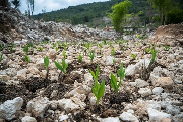 Wall Mural - Young plants emerging from rocky soil in a landscape recovery effort.