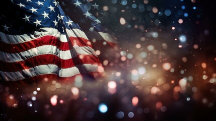 Wall Mural - The graceful American flag flutters gently, illuminated by a dreamy bokeh backdrop, creating a serene, patriotic scene.