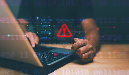 Poster - Cyber security concept, Man holding magnifying glass with caution warning sign for notification error maintenance and virus detected, Ransomware, Spyware, Hacker attacks. Detection dangerous worms.