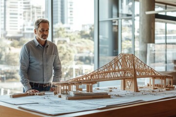 Leinwandbilder - Civil engineer examines bridge model during project planning in modern office space. Generative AI