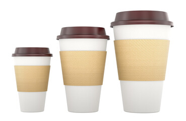 Poster - Set of disposable cups with lid for takeaway, different size. Small, medium and large. 3D rendering isolated on transparent background