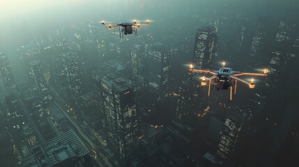 Fototapete - Automated drones controlled by AI soaring over a modern cityscape at dusk, delivering goods and monitoring activity. Generative AI