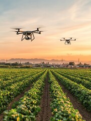 Poster - Automated drones deliver goods and monitor fields during sunset in a city with extensive agricultural development. Generative AI