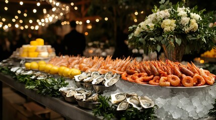 Poster - Delicious seafood buffet displaying oysters, shrimp, and lemon with festive string lights