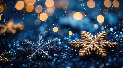 Poster - Golden snowflake shining on glittering background during snowfall