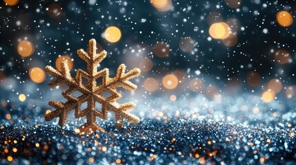 Poster - Golden snowflake shining on glittering background during snowfall