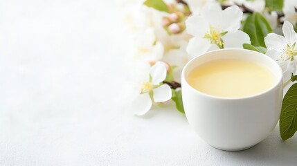 Wall Mural - White cup of pale yellow liquid beside white blossoms.