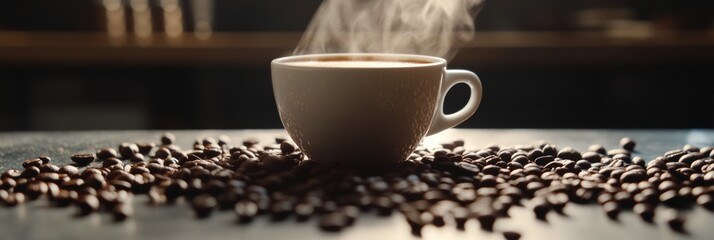 Poster - Close up of steaming coffee cup surrounded by coffee beans on a table with ample copy space ready for text. Generative AI