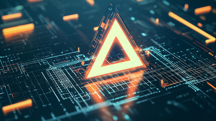 Poster - A glowing orange triangle warning symbol rests on a complex circuit board, representing a digital security alert or system failure. The image is stylized and abstract.