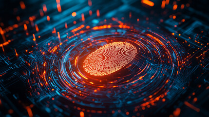 Poster - A glowing fingerprint rests on a futuristic circuit board, symbolizing digital identity authentication and biometric security technology. Intricate details highlight advanced security measures.