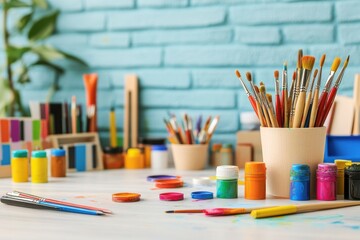 Poster - Explore the vibrant world of painting with colorful paints, artist brushes, and canvases in a creative workspace. Generative AI