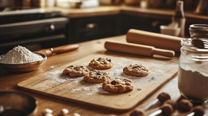 Poster - Freshly baked cookies on a wooden countertop in a cozy kitchen with flour and baking tools scattered around. Generative AI
