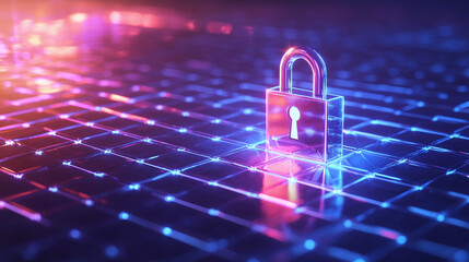Poster - A glowing padlock sits atop a digital network, symbolizing cybersecurity, data protection, and the safeguarding of information in the digital realm. It represents strong encryption and privacy.
