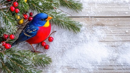 A colorful blue and red bird figurine on a snowy wooden background with pine branches and red berries.