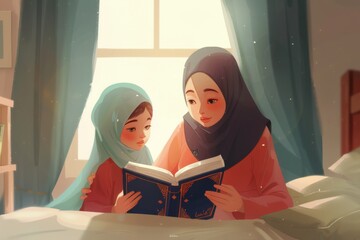 Wall Mural - muslim mother teach her daughter praying salat and reading quran at home illustration vector